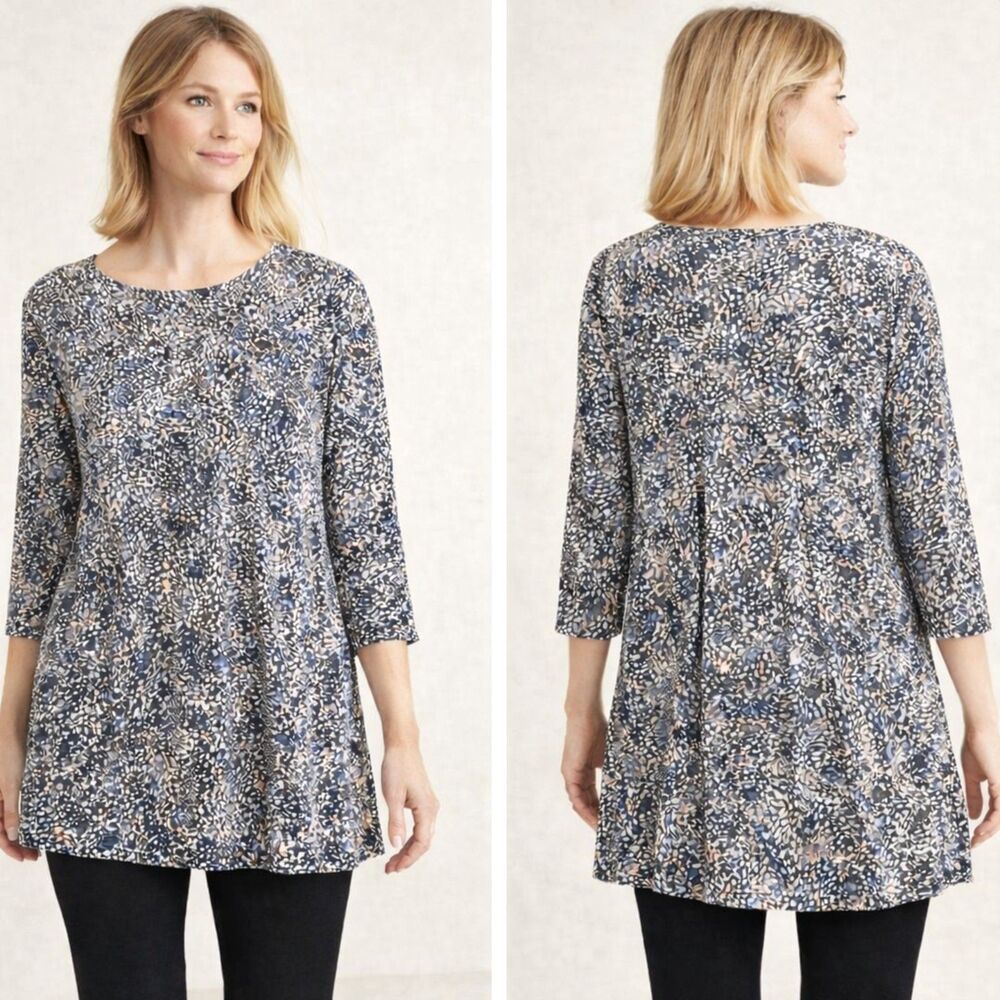 Pure Jill Tunic Top Medium Gray Abstract Print Cotton 3/4 Sleeve Pleated Artsy